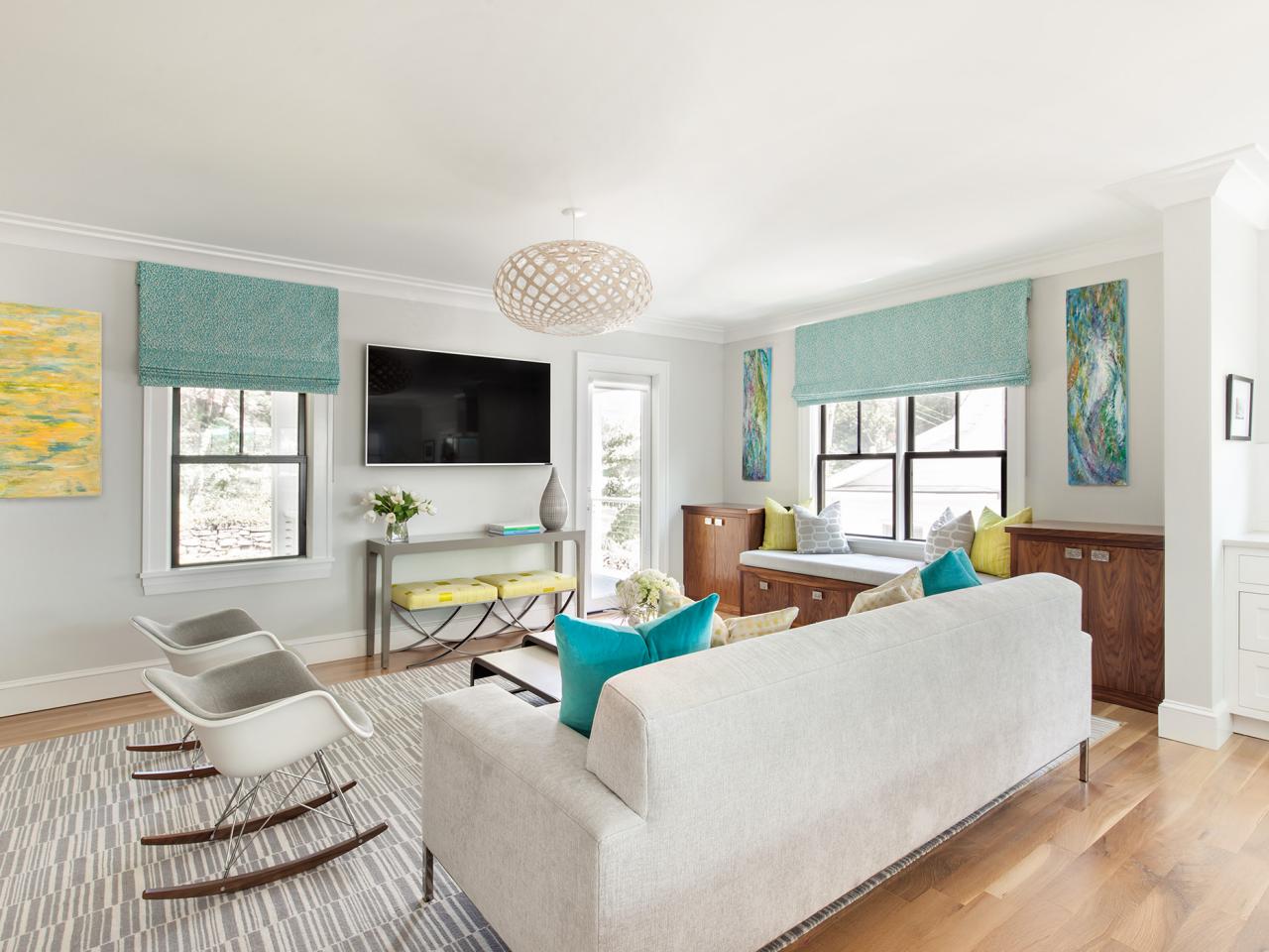 White Transitional Living Room With Blue Shades